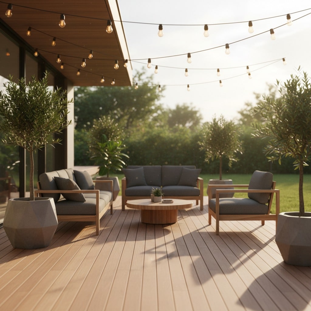 Moderne Terrasse mit Holzmöbeln, grauen Polstern und Lichterketten im warmen Abendlicht.
